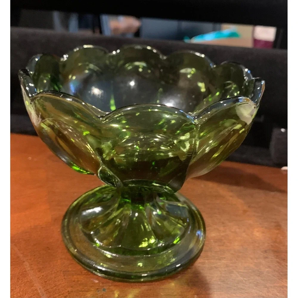 Vtg Anchor Hocking Fairfield Green Art Glass Pedestal Compote Footed‎ Candy Dish